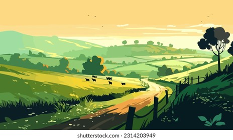 Stylized british countryside, grazing cows, flat design. 2d illustration.