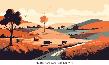 Stylized british countryside, grazing cows, flat design. 2d illustration.