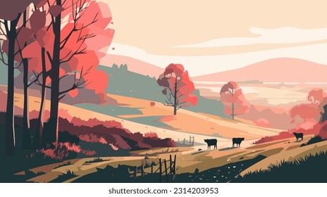 Stylized british countryside, grazing cows, flat design. 2d illustration.