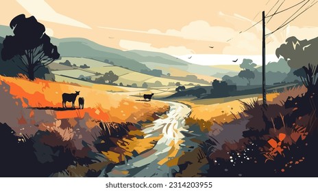 Stylized british countryside, grazing cows, flat design. 2d illustration.