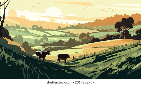 Stylized british countryside, grazing cows, flat design. 2d illustration.