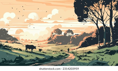 Stylized british countryside, grazing cows, flat design. 2d illustration.