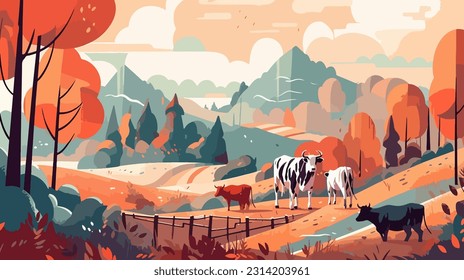 Stylized british countryside, grazing cows, flat design. 2d illustration.