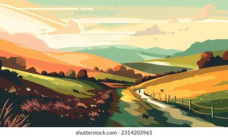 Stylized british countryside, grazing cows, flat design. 2d illustration.