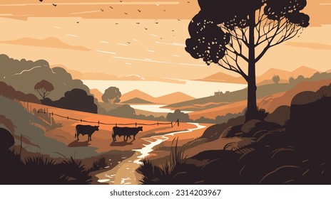 Stylized british countryside, grazing cows, flat design. 2d illustration.