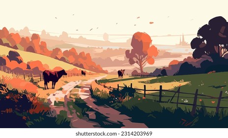 Stylized british countryside, grazing cows, flat design. 2d illustration.