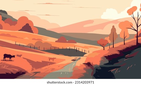 Stylized british countryside, grazing cows, flat design. 2d illustration.