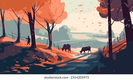 Stylized british countryside, grazing cows, flat design. 2d illustration.