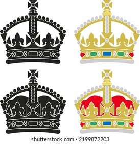 Stylized British Tudor Crown In Color And Black And White On A White Background, Vector Illustration