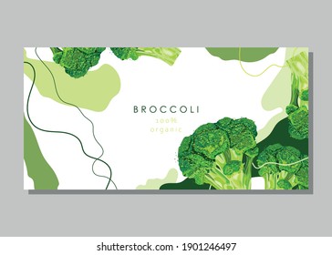 Stylized broccoli on an abstract background. Green cabbage. Banner, poster, wrapping paper, sticker, print, modern textile design. Vector illustration. 