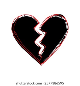 Stylized broken heart symbol with bold black and red outlines on a white background, expressing heartbreak and sadness. Valentine's day illustration.