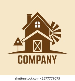 Stylized brown barn icon with windmill for business logo design for farm services or agricultural product brand