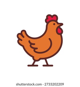 A stylized brown chicken with a red comb and wattle is depicted standing on two legs, isolated on a white background.