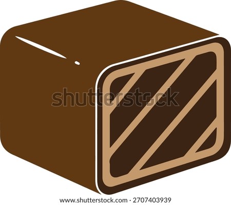 A stylized brown chocolate candy with a layered filling and white highlights is depicted against a white background.