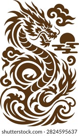 A stylized brown dragon coiled around waves and clouds, with a sun setting in the background. This artwork features a traditional East Asian dragon motif.