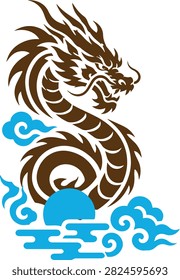 A stylized brown dragon coiled around a blue sun and clouds, evoking a sense of mythical power and ancient lore.