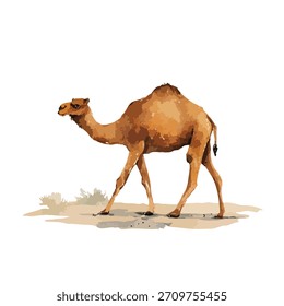 Stylized brown dromedary camel walking illustration, perfect for desert wildlife, travel, or educational graphic design projects.
