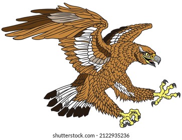 stylized brown or golden eagle. Landing attacking prey bird. Graphic style vector illustration. Tatoo