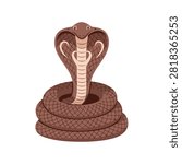 Stylized brown king cobra snake illustration coiled with expanded hood isolated on white background