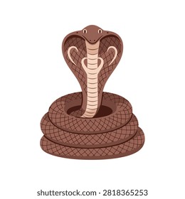 Stylized brown king cobra snake illustration coiled with expanded hood isolated on white background