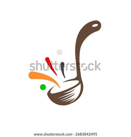 Stylized brown ladle with vibrant, dynamic splatters of red, orange, grey, and green, suggesting fresh ingredients or spices. Ideal for cooking, restaurant, or culinary branding.
