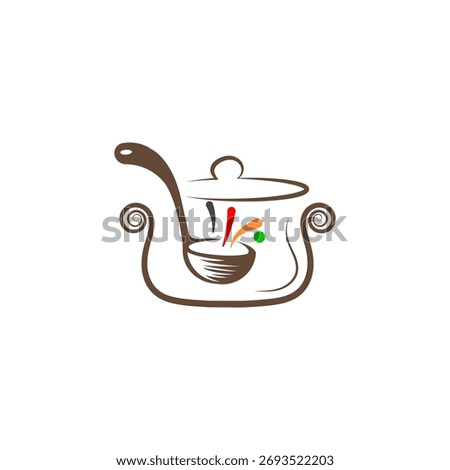Stylized brown outline logo of a cooking pot with a ladle. Inside, colorful abstract shapes represent ingredients being prepared, ideal for culinary and restaurant branding.