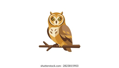 stylized brown owl sitting on a tree branch featuring natural warm colors and detailed feather patterns in vector artwork