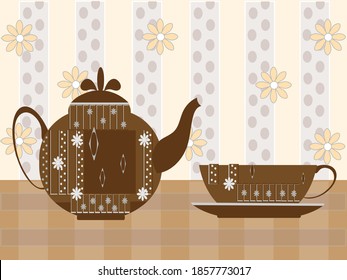 Tetera y taza marrón estilizada con motivos geométricos. Ilustración vectorial para papel pintado de cocina y otro diseño.