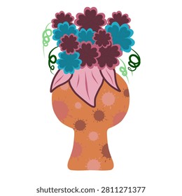 Stylized brown vase filled with a flower arrangement.	