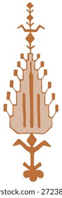 Stylized brown vertical ornament featuring tiered geometric shapes and tribal folk motifs, inspired by ancient cultural symbols and traditional decorative handicrafts.