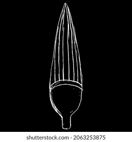 Stylized bud of lotus flower. Ancient Egyptian floral design. Hand drawn linear doodle rough sketch. White silhouette on black background.