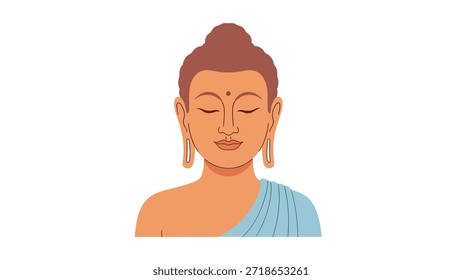 Um retrato estilizado da cabeça de Buda com roupão laranja e expressão de calmaria azul faixa