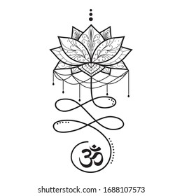 Stylized Buddhist symbol for life path with OM sign and lotus flower, vector 