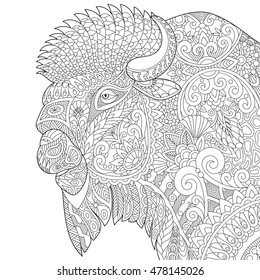 Stylized buffalo (american bison, bull, ox, yak, aurochs), isolated on white background. Freehand sketch for adult anti stress coloring book page with doodle and zentangle elements.