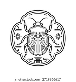 Escarabajo estilizado del insecto en el Vector adornado del arte de la línea blanca y negra del marco aislado en el fondo blanco