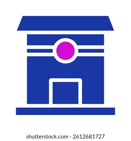 Stylized building facade with geometric shapes and a circular central element