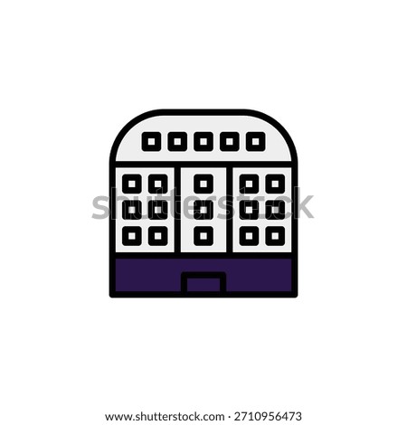 A stylized building icon, distinguished by its clean lines and bold geometric shapes, represents modern architectural design. The symmetrical arrangement of windows adds to the visual appeal, making
