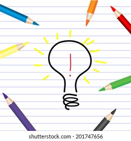 Stylized bulb sketching on a white sheet with colored pencils
