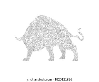Stylized bull (buffalo, ox, yak, aurochs), isolated on white background. Freehand sketch for adult anti stress coloring book page with doodle and zentangle elements.