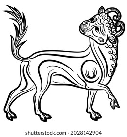 Stylized bull or calf. Taurus Zodiac sign. Medieval illuminated manuscript animal art. Black and white silhouette.