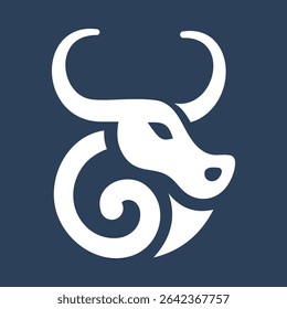 Stylized Bull Head with Curved Horns and Ram Spiral, Modern Animal Logo Vector Illustration