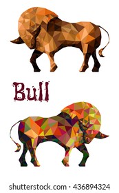 Stylized bull isolated on a white background. Made in low poly triangular style. Vector.