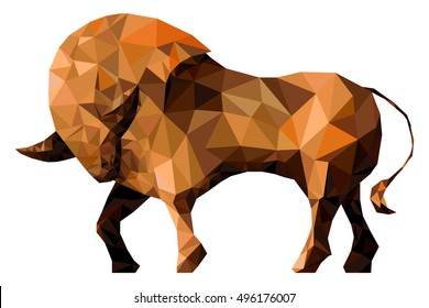 Stylized bull isolated on a white background. Made in low poly triangular style. Vector.