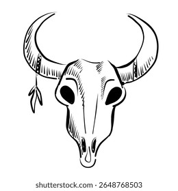 Crânio de touro estilizado com penas em um design tribal, perfeito para representações artísticas e culturais