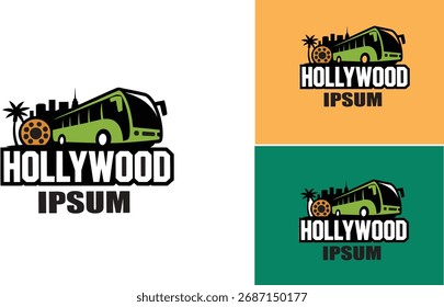 Logotipo estilizado del autobús que presenta el paisaje urbano y la puesta del sol tropical para los viajes
