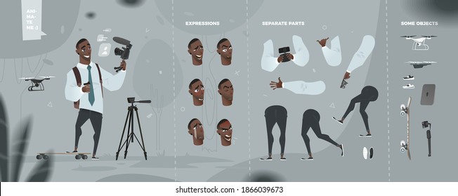 Stylized Business Character with Camera. Vlog Theme. Set for Animation