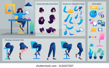 Stylized Business Character, Designer. Set for Animation. Use Separate Body Parts to Create An Animated Character. Set of Emotions, Hairstyles, Hands and Feet.