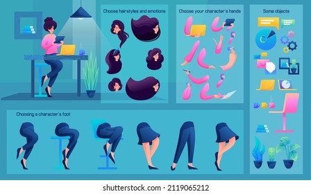 Stylized Business Character, Employees. Set for Animation. Use Separate Body Parts to Create An Animated Character. Set of Emotions, Hairstyles, Hands and Feet