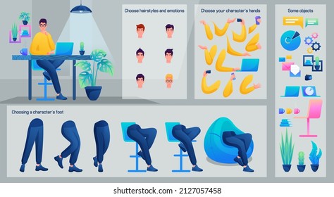 Stylized Business Character, Male copywriter. Set for Animation. Use Separate Body Parts to Create An Animated Character. Set of Emotions, Hairstyles, Hands and Feet.