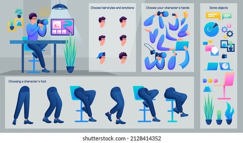 Stylized Business Character, Male photographer. Set for Animation. Use Separate Body Parts to Create An Animated Character. Set of Emotions, Hairstyles, Hands and Feet